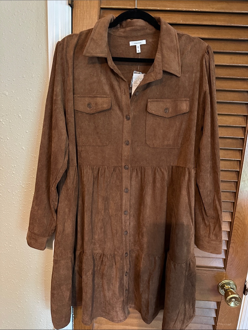 Long sleeve Brown Suede-Look Button Front dress